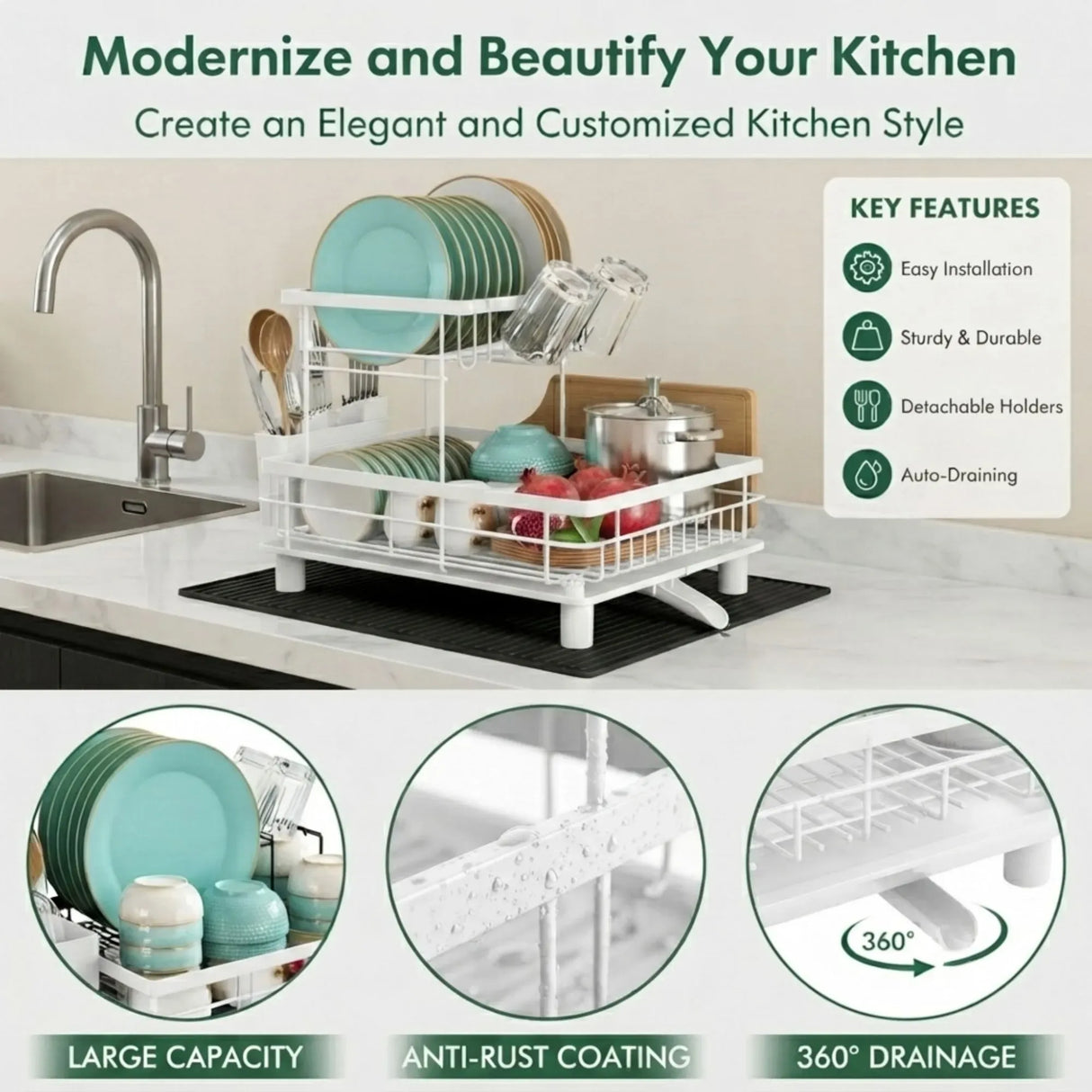 CARLA HOME 2 tier Dish Drying Rack with Drainboard & Utensil Holder for Kitchen (White)