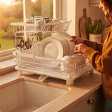 CARLA HOME 2 tier Dish Drying Rack with Drainboard & Utensil Holder for Kitchen (White) - Low Angle