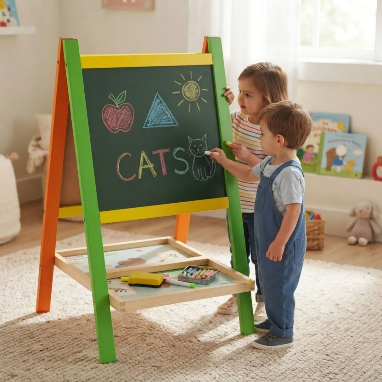 CARLA HOME Kids Art Easel, Double-Sided Chalkboard Whiteboard, Multicolour