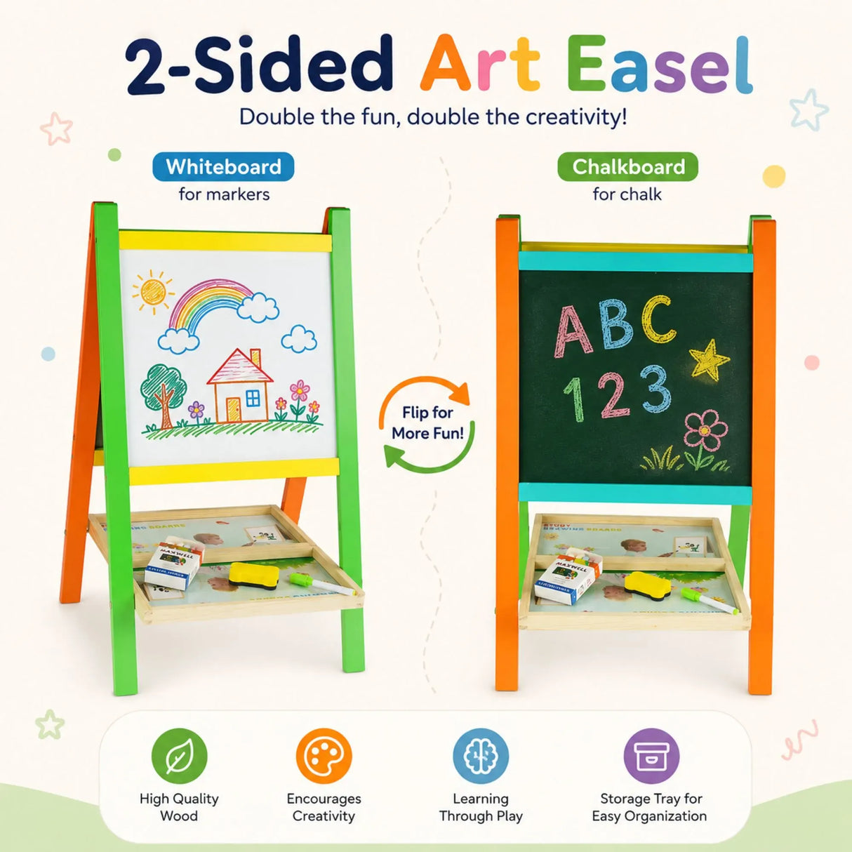 CARLA HOME Kids Art Easel, Double-Sided Chalkboard Whiteboard, Multicolour