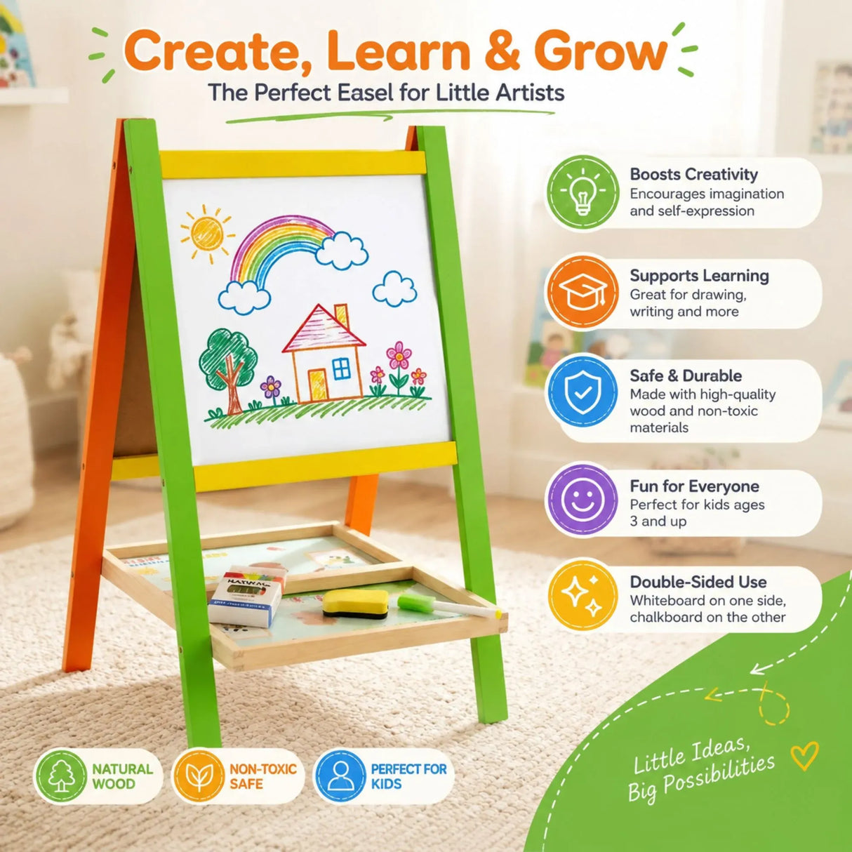 CARLA HOME Kids Art Easel, Double-Sided Chalkboard Whiteboard, Multicolour
