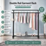 CARLA HOME Double Rod Clothes Rack with Wheels, Metal, Portable Wardrobe Rack - Side View