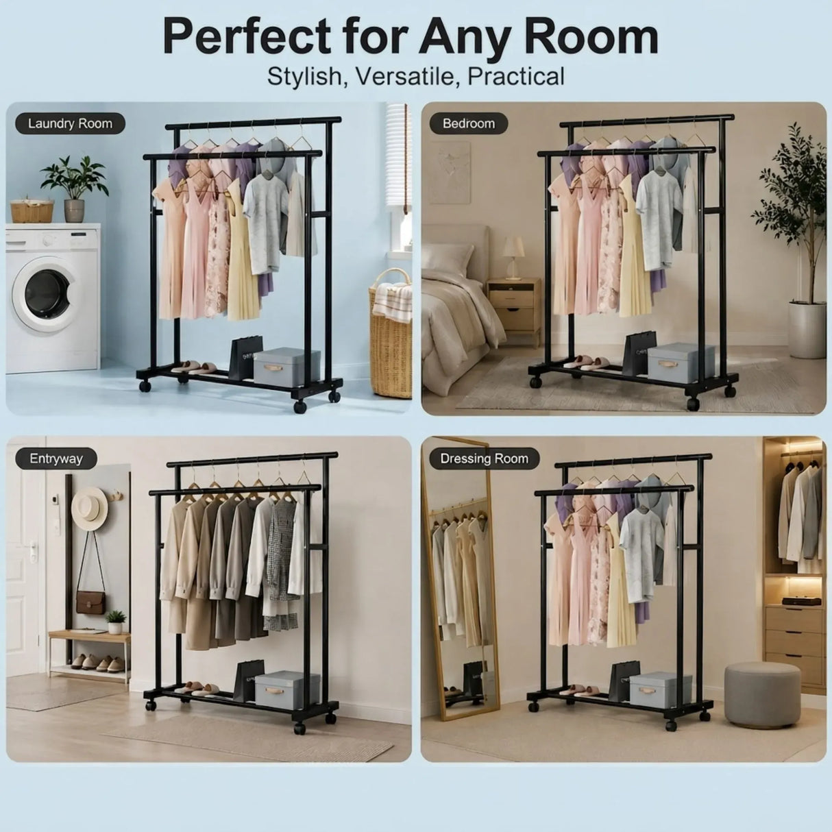 CARLA HOME Double Rod Clothes Rack with Wheels, Metal, Portable Wardrobe Rack