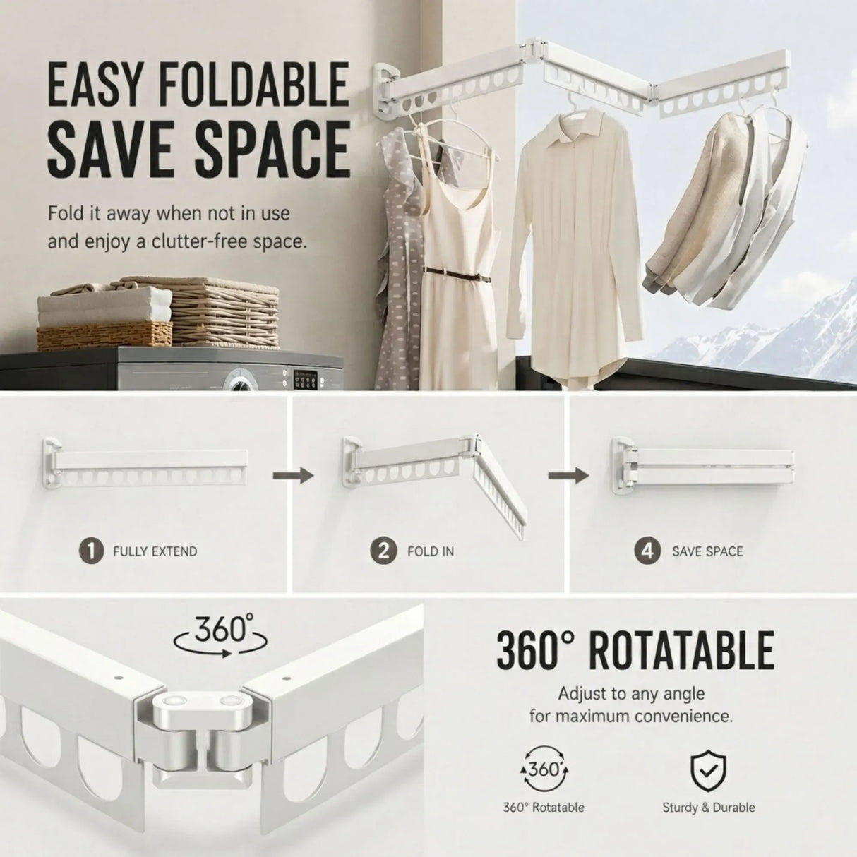 CARLA HOME 3-Fold Wall Mounted Clothes Drying Rack, Laundry Space Saver, White