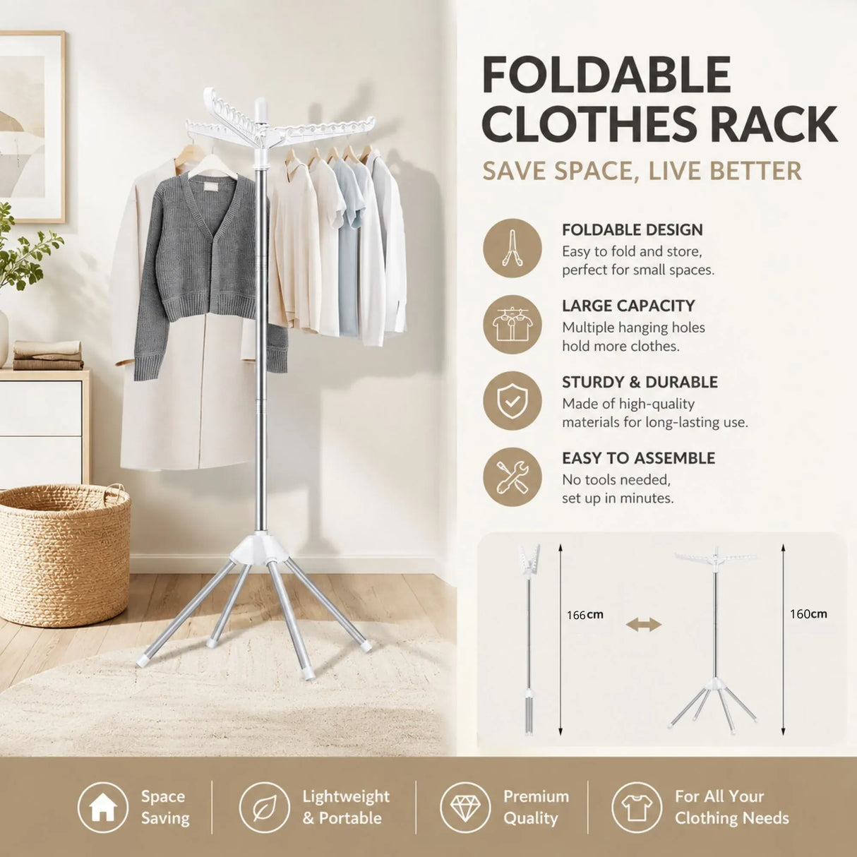 CARLA HOME Folding Clothes Drying Rack, 3 Rotatable Arms, Stainless Steel