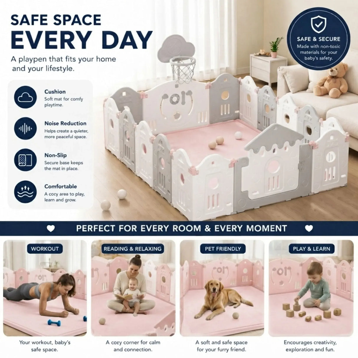 CARLA HOME Baby Play Mat 100x150cm, Thick Foam Crawling Mat, Infants, Pink
