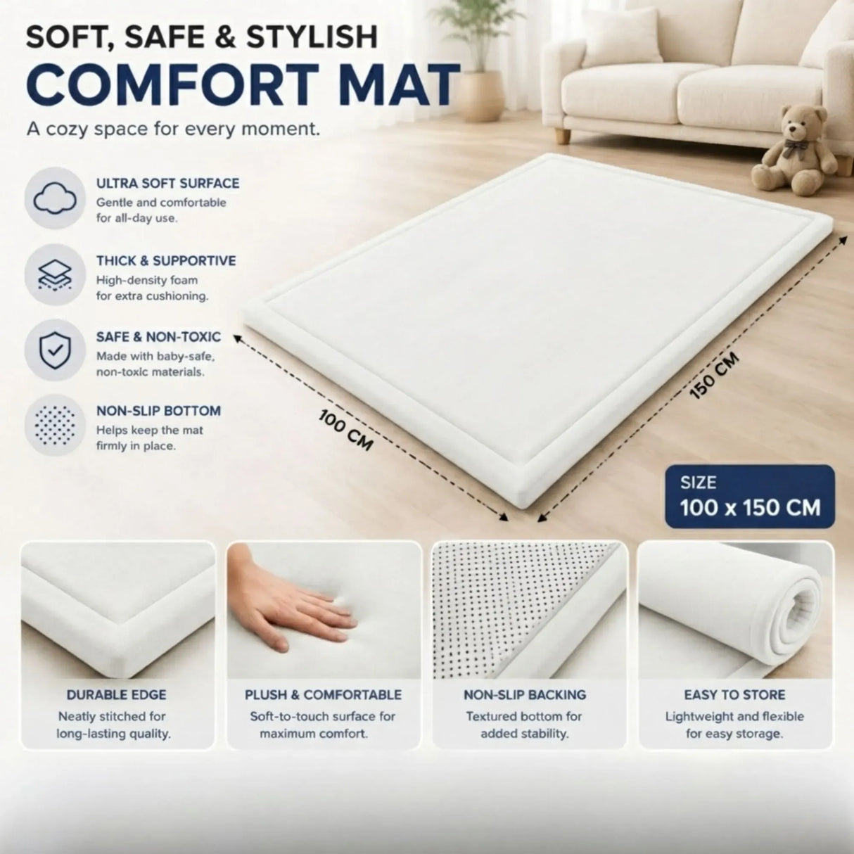 CARLA HOME Baby Play Mat 100x150cm, Thick Foam Crawling Mat, Infants, White