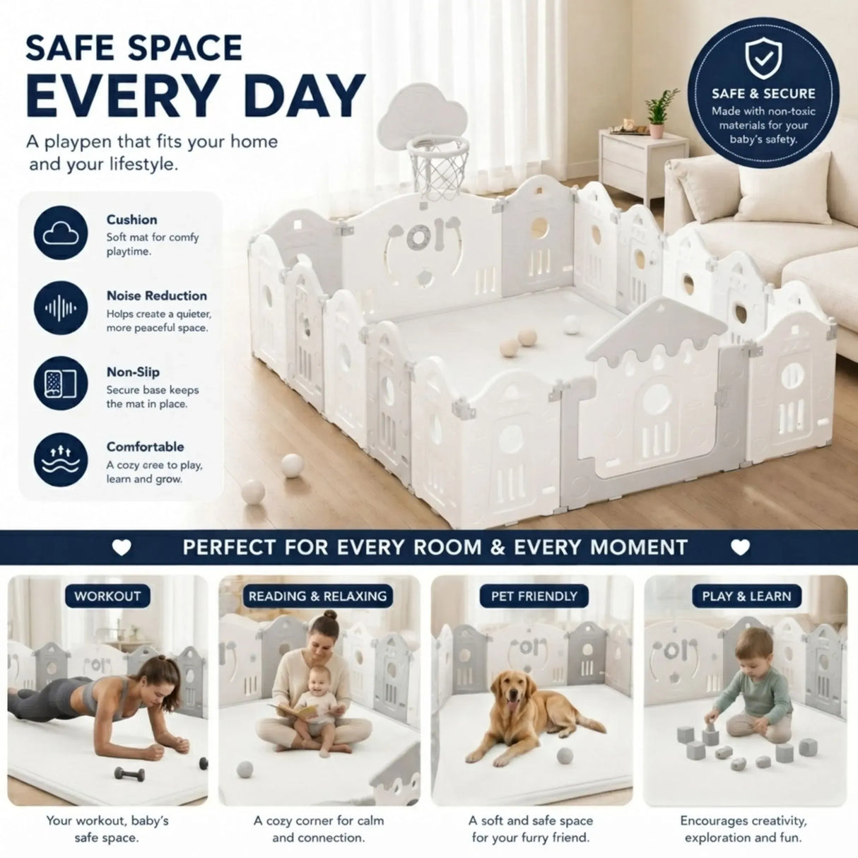 CARLA HOME Baby Play Mat 200x300cm, Thick Foam Crawling Mat, Infants, White