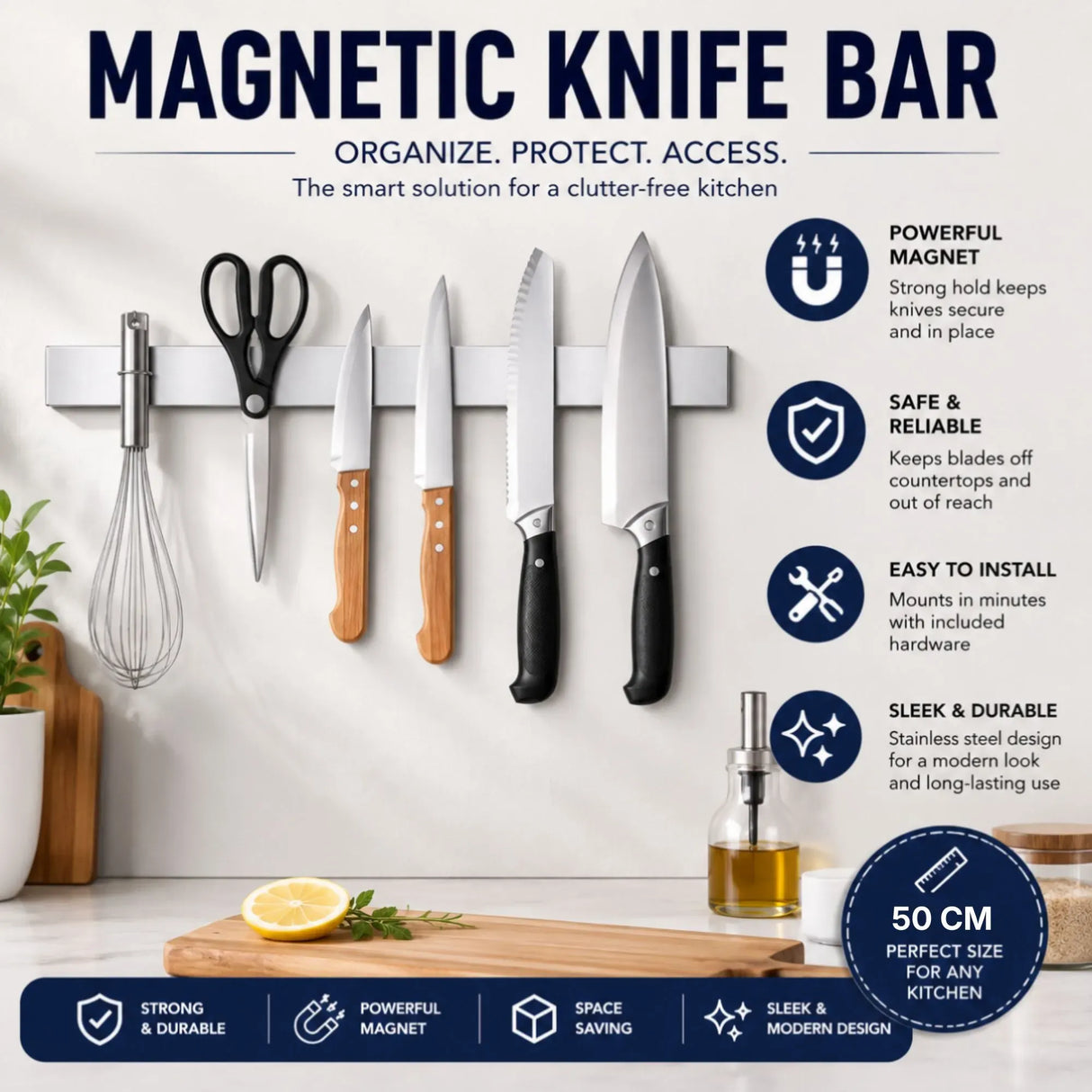 CARLA HOME Magnetic Knife Strip 50cm, Premium Stainless Steel Wall Rack Kitchen