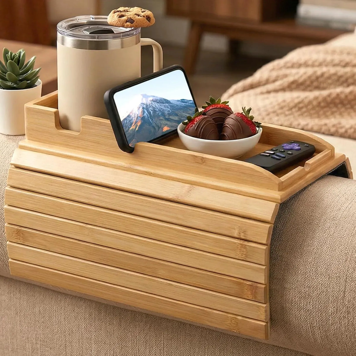 CARLA HOME Bamboo Sofa Armrest Tray, Couch Arm Table, Non-Slip Tray Table