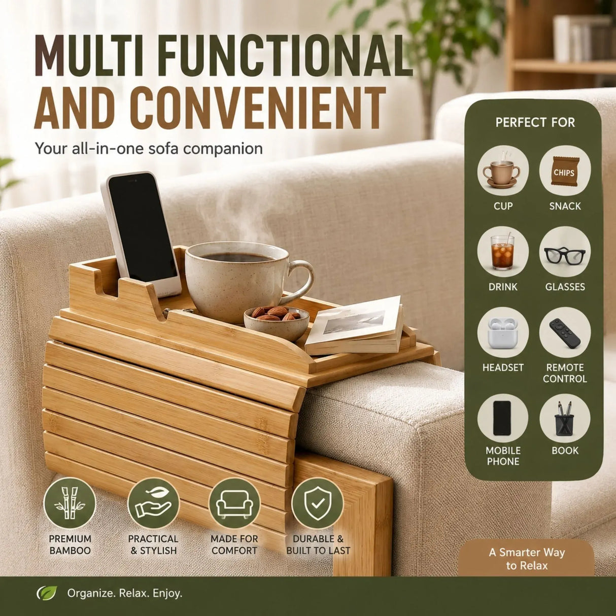CARLA HOME Bamboo Sofa Armrest Tray, Couch Arm Table, Non-Slip Tray Table