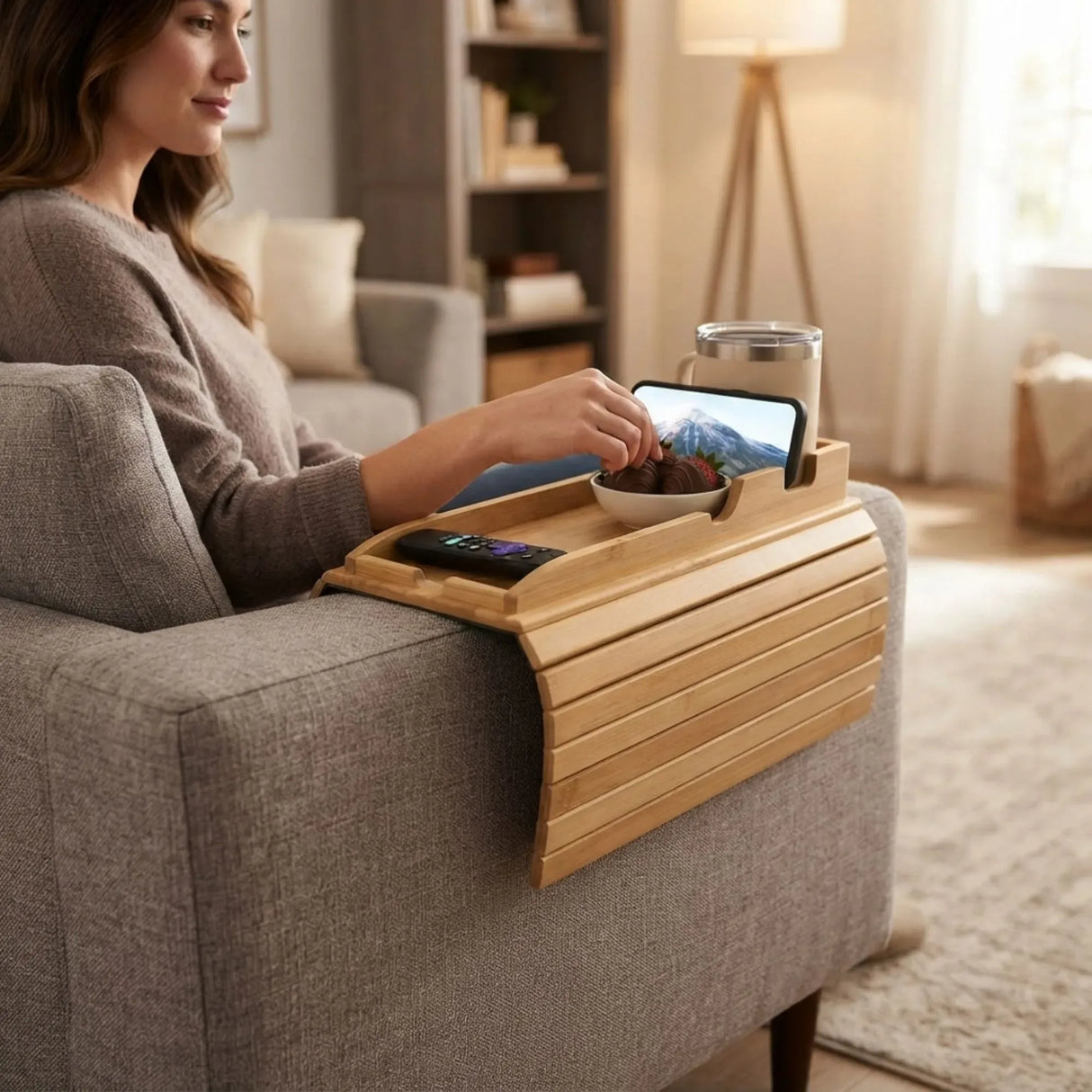 CARLA HOME Bamboo Sofa Armrest Tray, Couch Arm Table, Non-Slip Tray Table