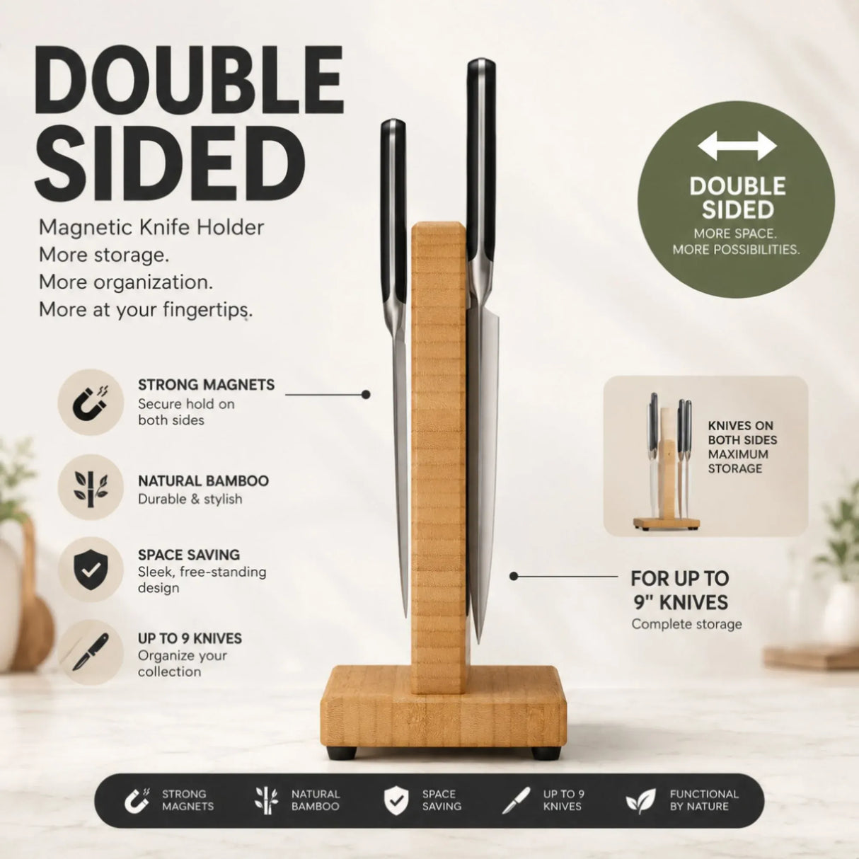 CARLA HOME Magnetic Knife Block, Bamboo Double Sided Holder up to 30cm Knives Kitchen