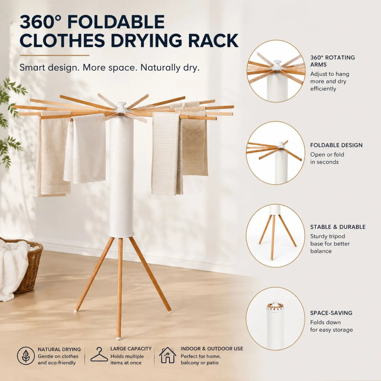 CARLA HOME Tripod Clothes Drying Rack, 16 Rod Foldable, Wooden Poles