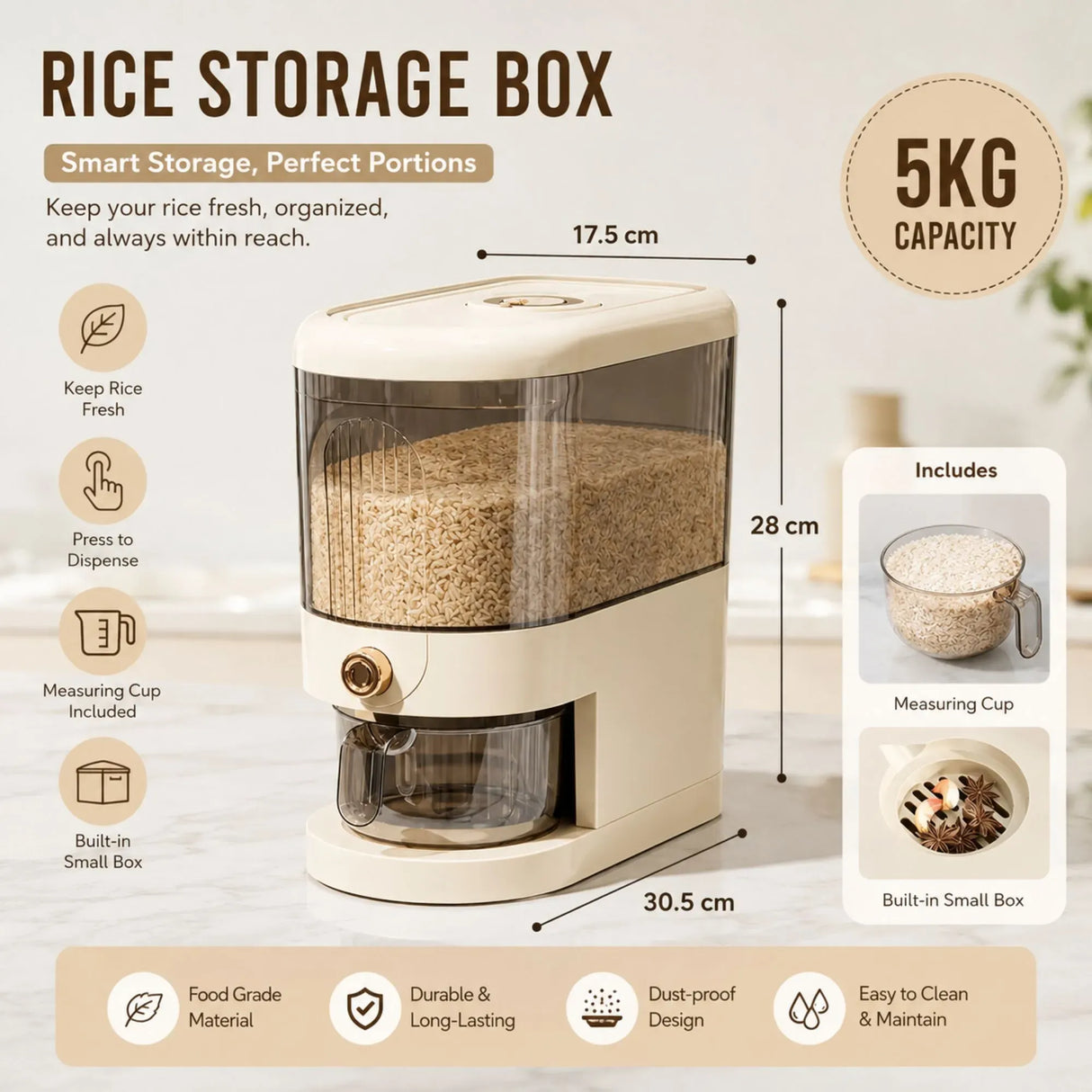 CARLA HOME Rice Dispenser 5kg Large Storage, Press Button Grain Container Kitchen