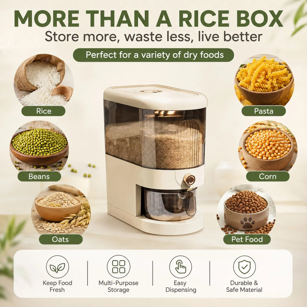 CARLA HOME Rice Dispenser 5kg Large Storage, Press Button Grain Container Kitchen