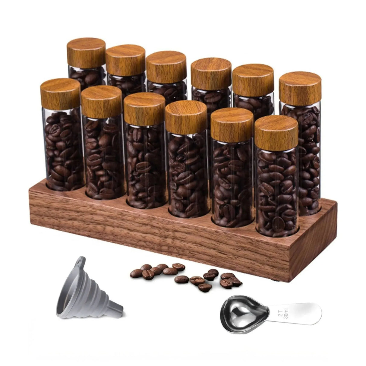CARLA HOME Glass Coffee Bean Storage Tubes, 12 Pack Wooden Stand (60ml 20g)