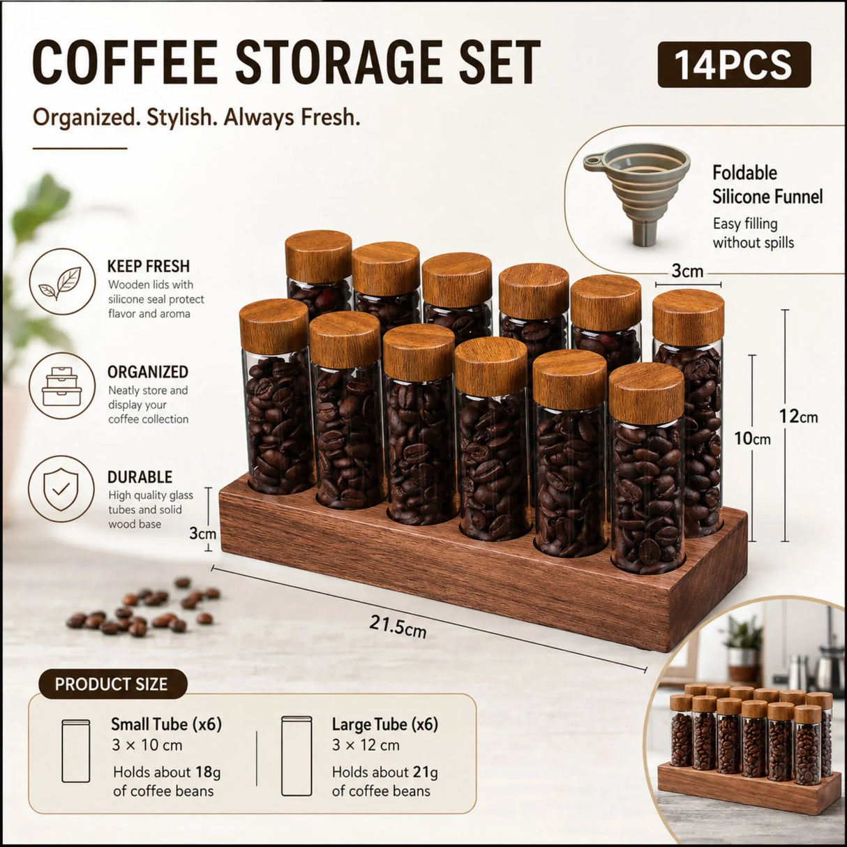 CARLA HOME Glass Coffee Bean Storage Tubes, 12 Pack Wooden Stand (60ml 20g)