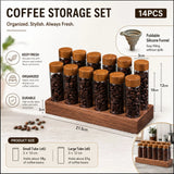 CARLA HOME Glass Coffee Bean Storage Tubes, 12 Pack Wooden Stand (60ml 20g) - Side View