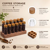 CARLA HOME Glass Coffee Bean Storage Tubes, 12 Pack Wooden Stand (60ml 20g) - Top-Down View
