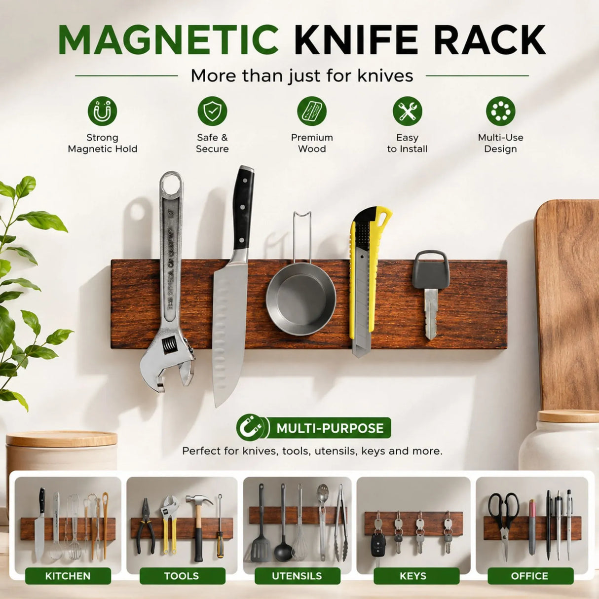 CARLA HOME Magnetic Knife Holder Wall Mounted, Wood Strip, Brown (40cm)