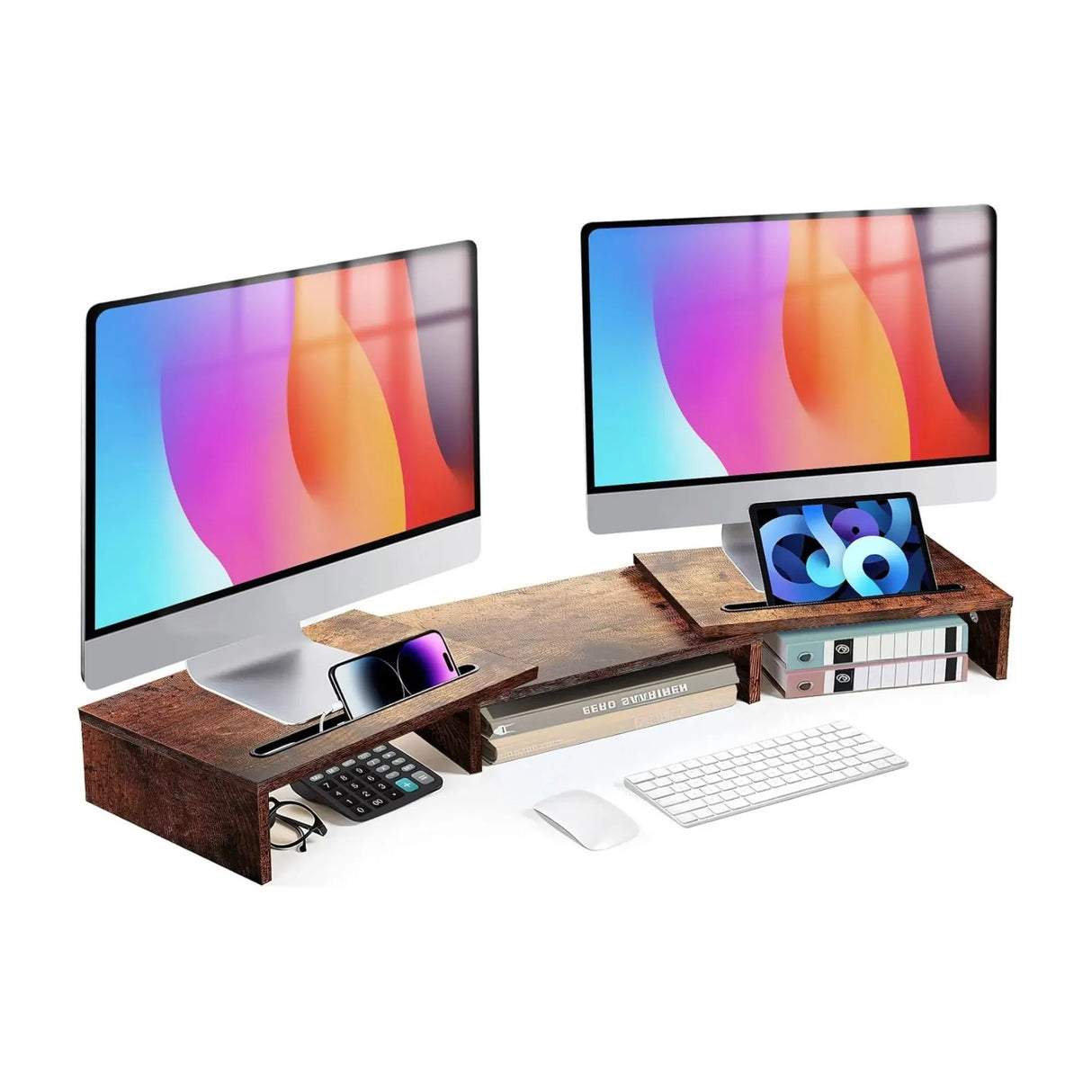 CARLA HOME Dual Monitor Stand Riser, Adjustable Length and Angle, Brown