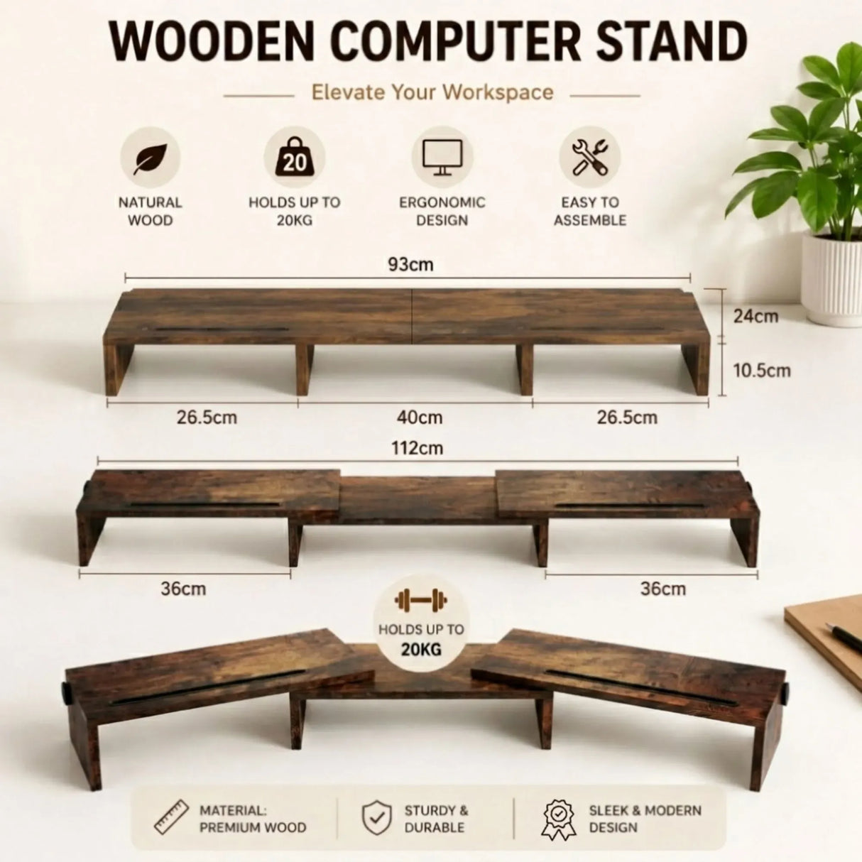 CARLA HOME Dual Monitor Stand Riser, Adjustable Length and Angle, Brown