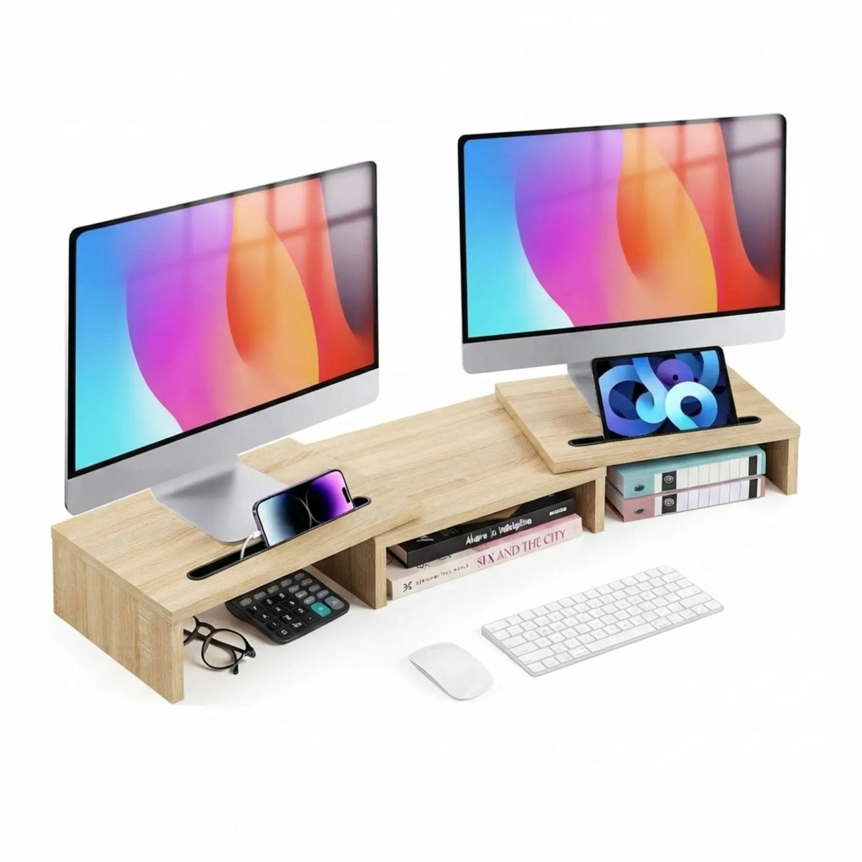 CARLA HOME Dual Monitor Stand Riser, Adjustable Length and Angle, Beige