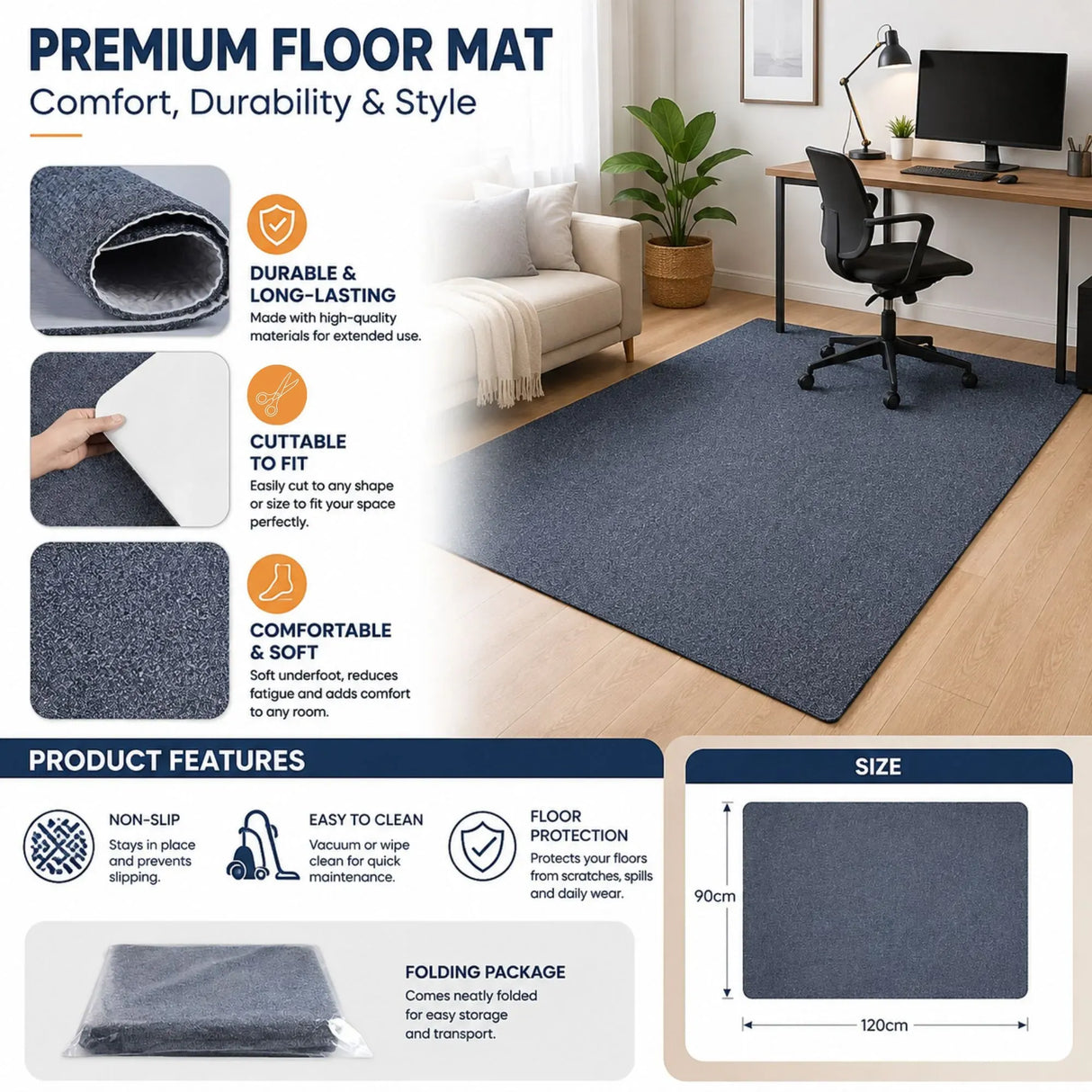 CARLA HOME Office Chair Mat Hard Floor Protector, 120x90 cm, Anti-Slip, Grey
