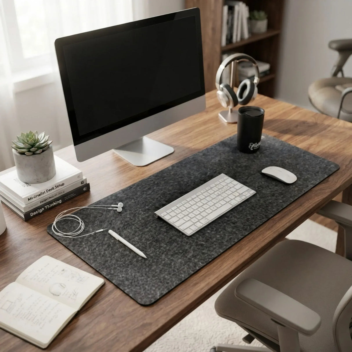 CARLA HOME Felt Desk Mat, Large Mouse Pad 80x40cm, Grey Cotton Linen Fabric