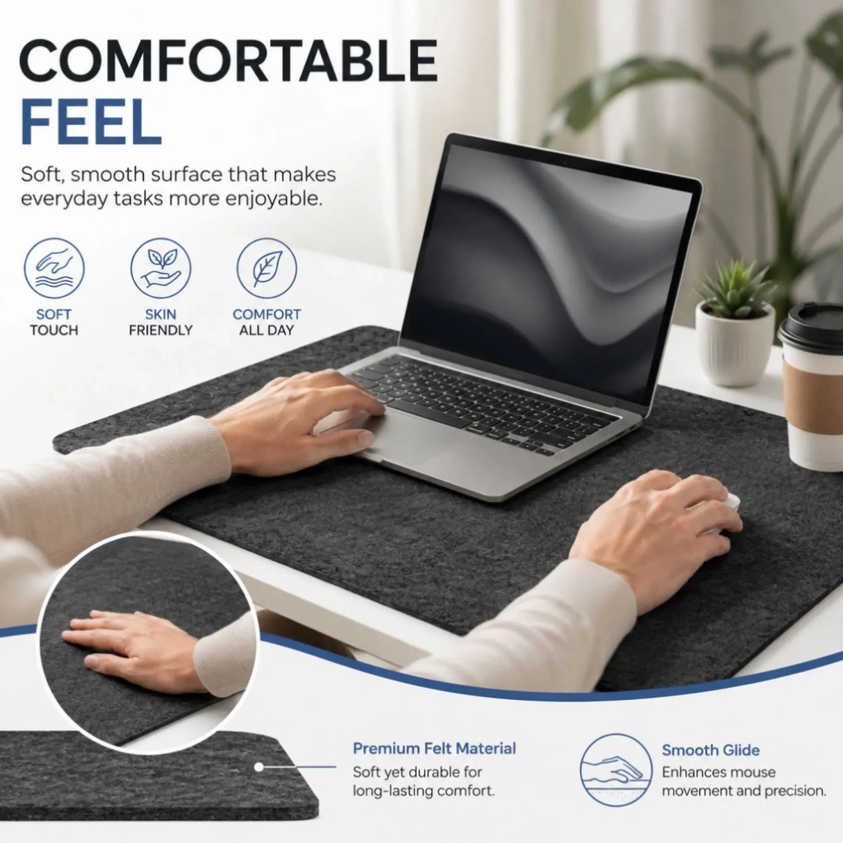 CARLA HOME Felt Desk Mat, Large Mouse Pad 80x40cm, Grey Cotton Linen Fabric