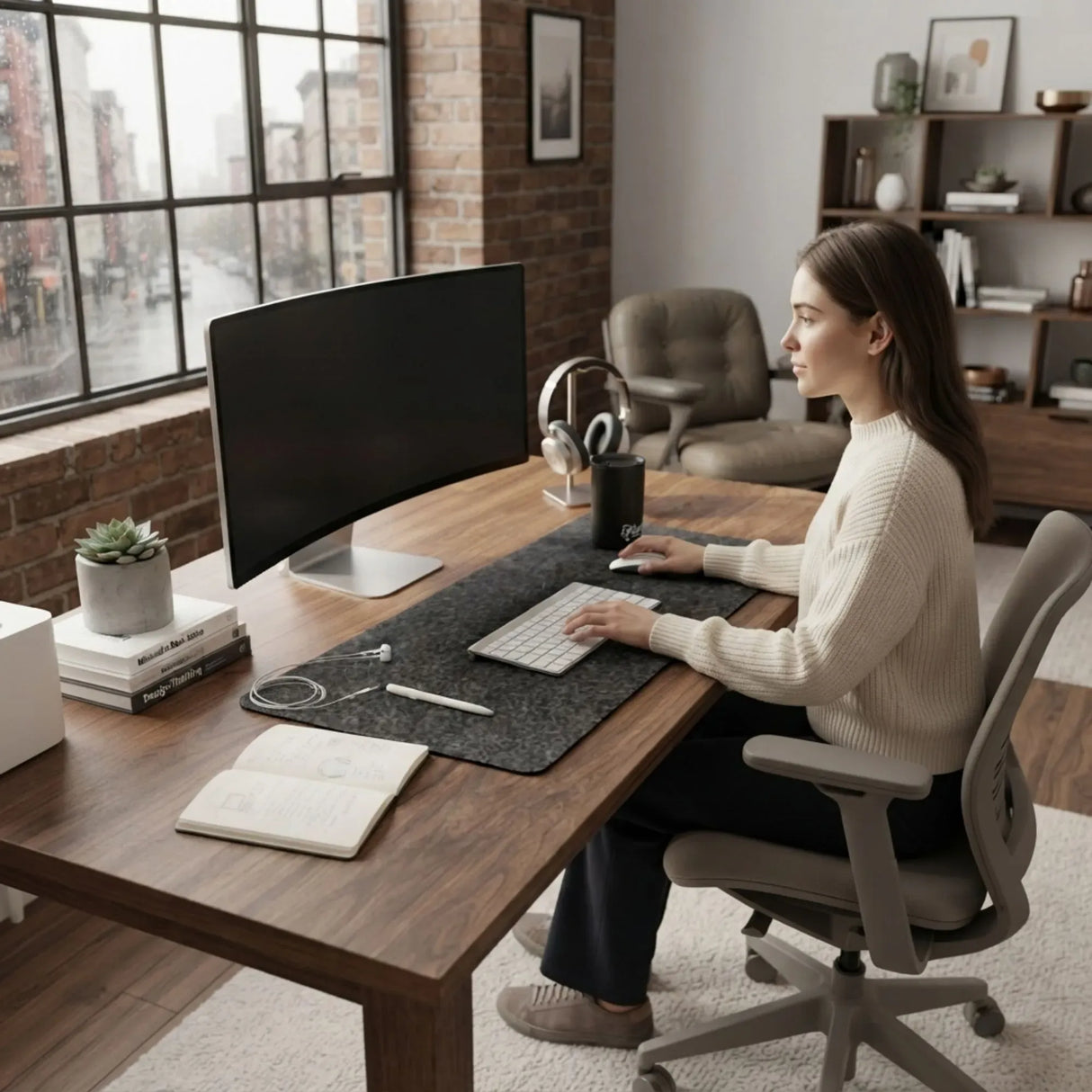 CARLA HOME Felt Desk Mat, Large Mouse Pad 80x40cm, Grey Cotton Linen Fabric