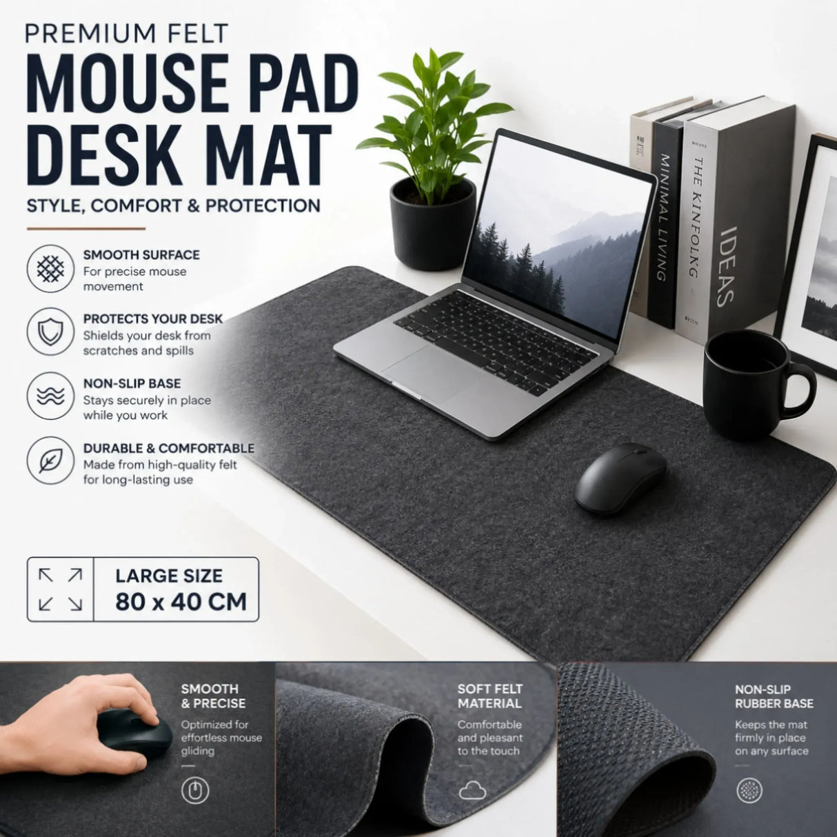 CARLA HOME Felt Desk Mat, Large Mouse Pad 80x40cm, Grey Cotton Linen Fabric