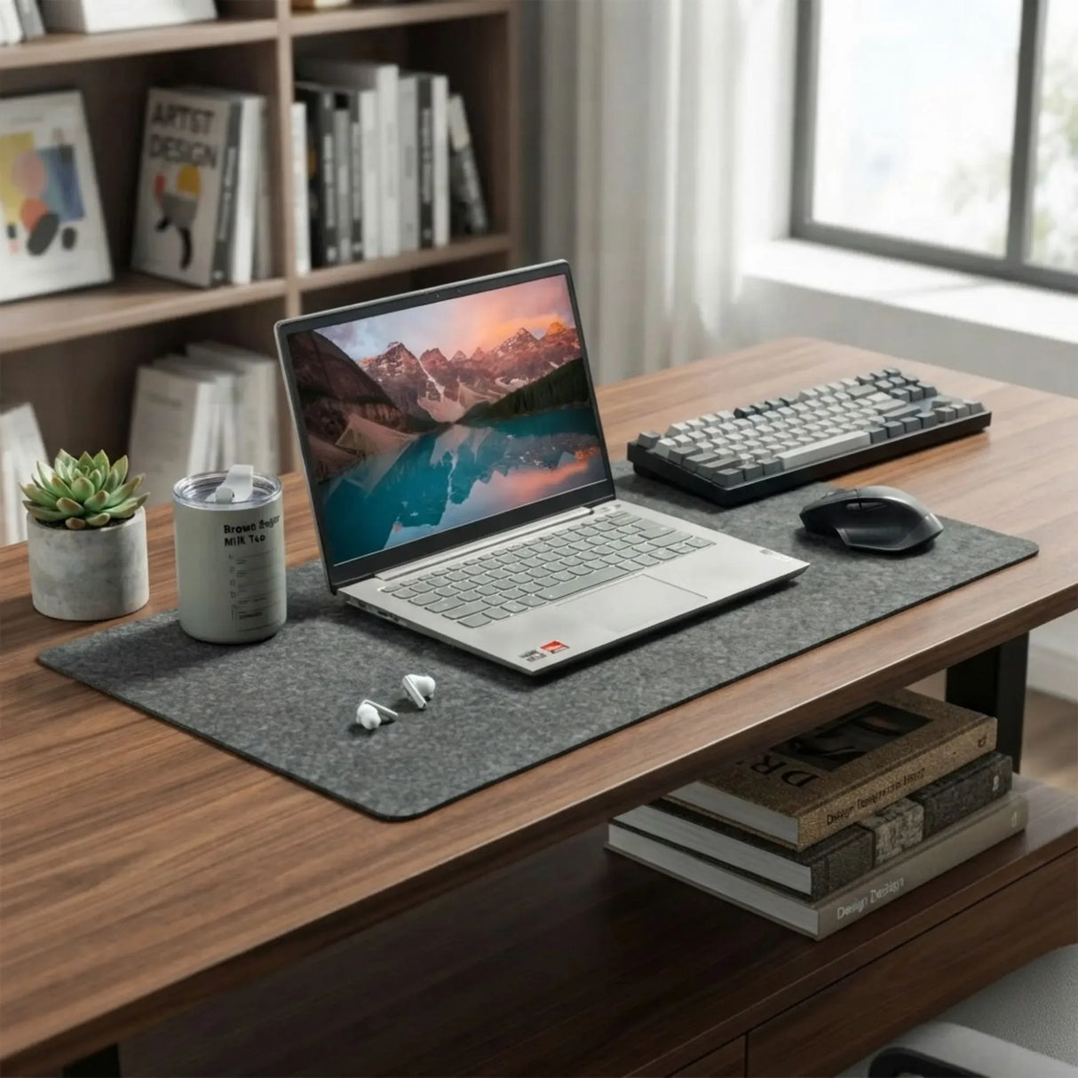 CARLA HOME Felt Desk Mat, Large Mouse Pad 80x40cm, Grey Cotton Linen Fabric