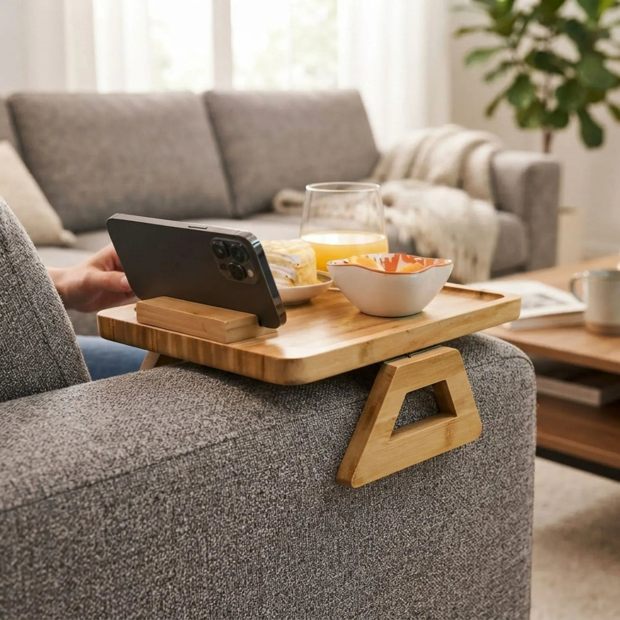 CARLA HOME Bamboo Sofa Arm Tray, 360° Rotating Phone Holder Clip, Couch cup