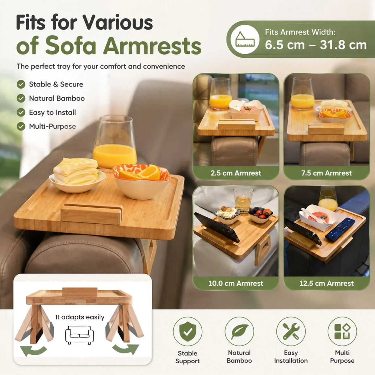CARLA HOME Bamboo Sofa Arm Tray, 360° Rotating Phone Holder Clip, Couch cup