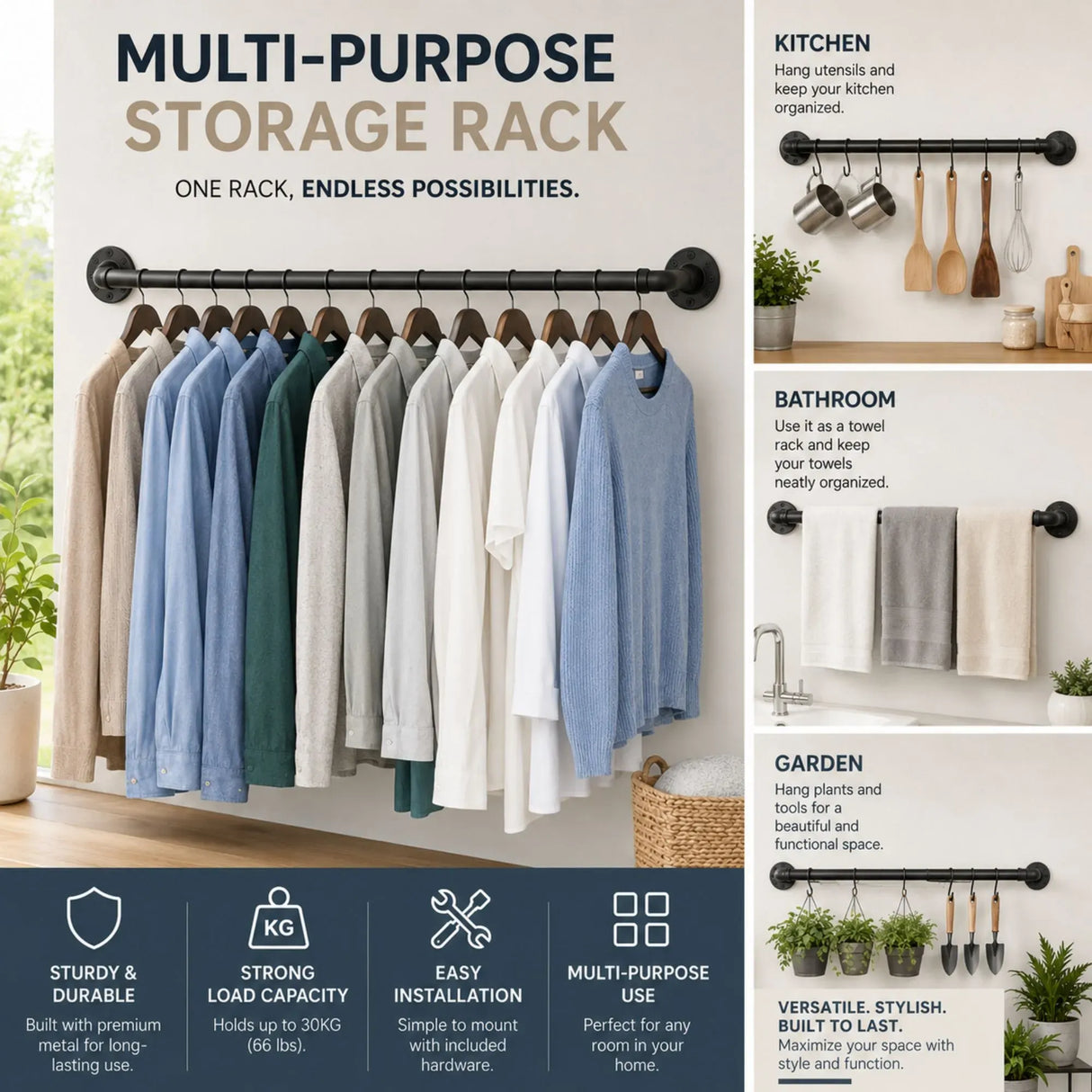 CARLA HOME Industrial Pipe Wall Clothes Rack, 92cm Bar Garment Rack