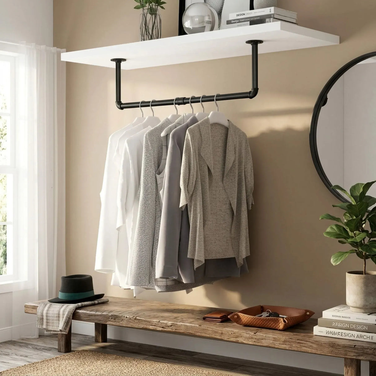 CARLA HOME Industrial Pipe Wall Clothes Rack, 92cm Bar Garment Rack