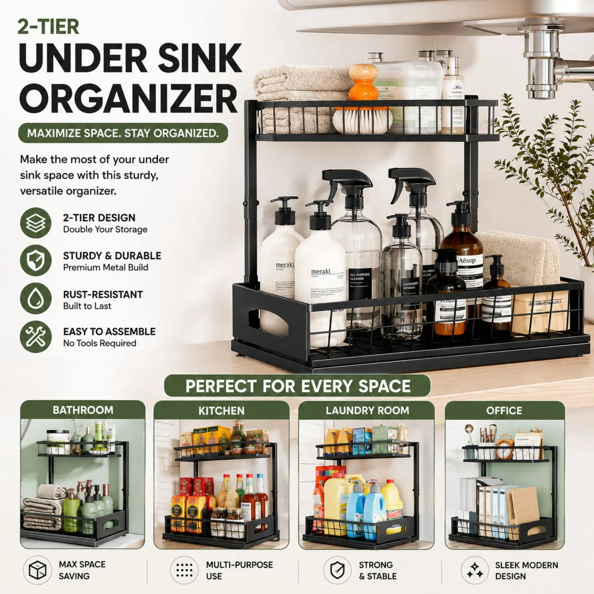 CARLA HOME 2 Tier Under Sink Organiser - Sliding Drawer - Black - Adjustable Under Sink Organiser