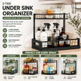 CARLA HOME 2 Tier Under Sink Organiser - Sliding Drawer - Black - Adjustable Under Sink Organiser - Side View
