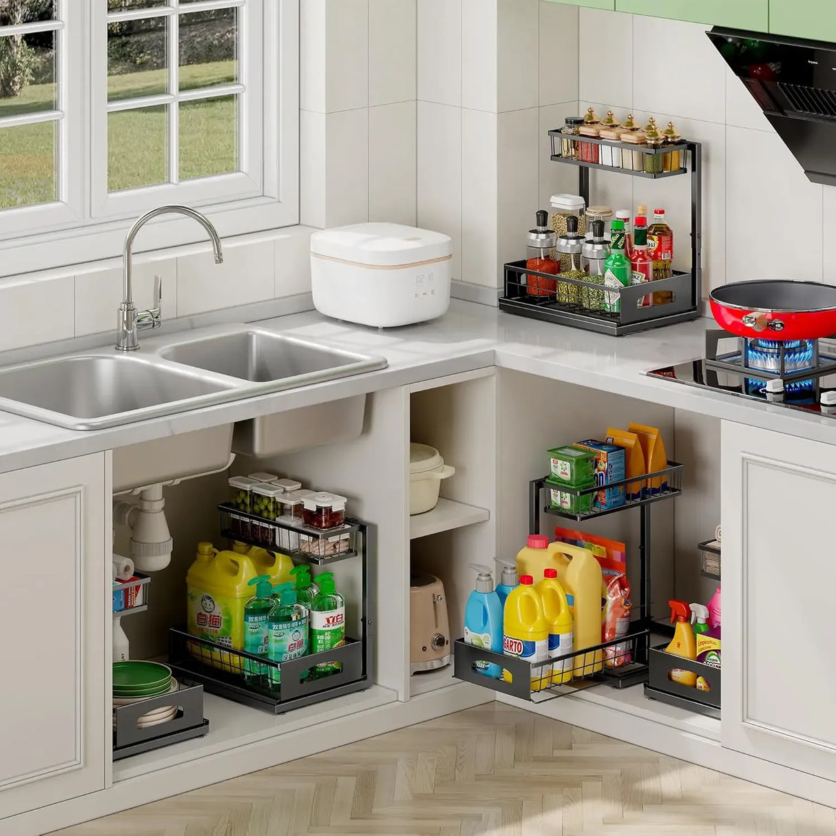 CARLA HOME 2 Tier Under Sink Organiser - Sliding Drawer - Black - Adjustable Under Sink Organiser