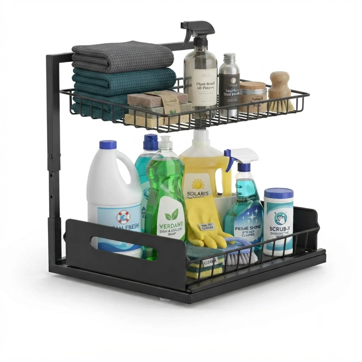 CARLA HOME 2 Tier Under Sink Organiser - Sliding Drawer - Black - Adjustable Under Sink Organiser