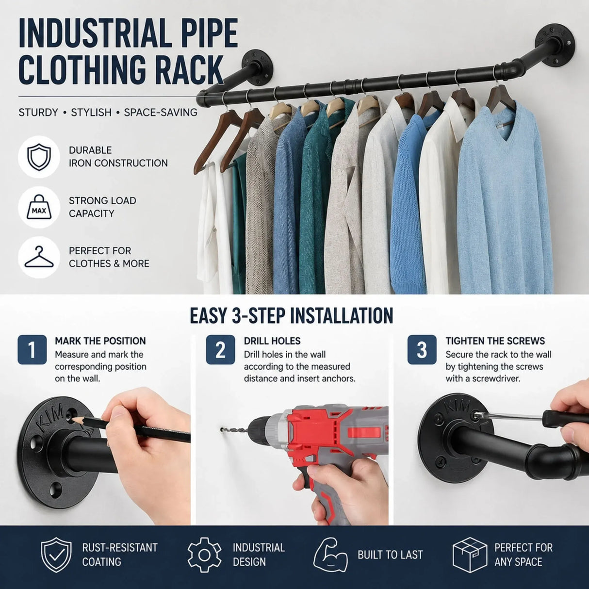 CARLA HOME 2-Pack Wall Mounted Industrial Pipe Clothes Rack - Black - Storage Rack