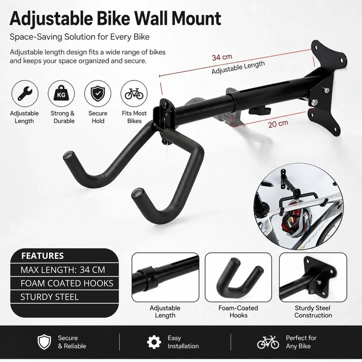 CARLA HOME 2-Pack Bike Wall Mount Rack - Adjustable Hook - Black - Adjustable Fixed Bike