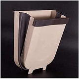 Hanging Trash Can Collapsible Small Garbage Waste Bin for Kitchen Cabinet Door (Beige) - Side View