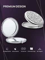 Mini Mix Diamond 1X/2X Magnifying Round Metal Pocket Makeup Mirror (Silver) - 45-Degree Angle
