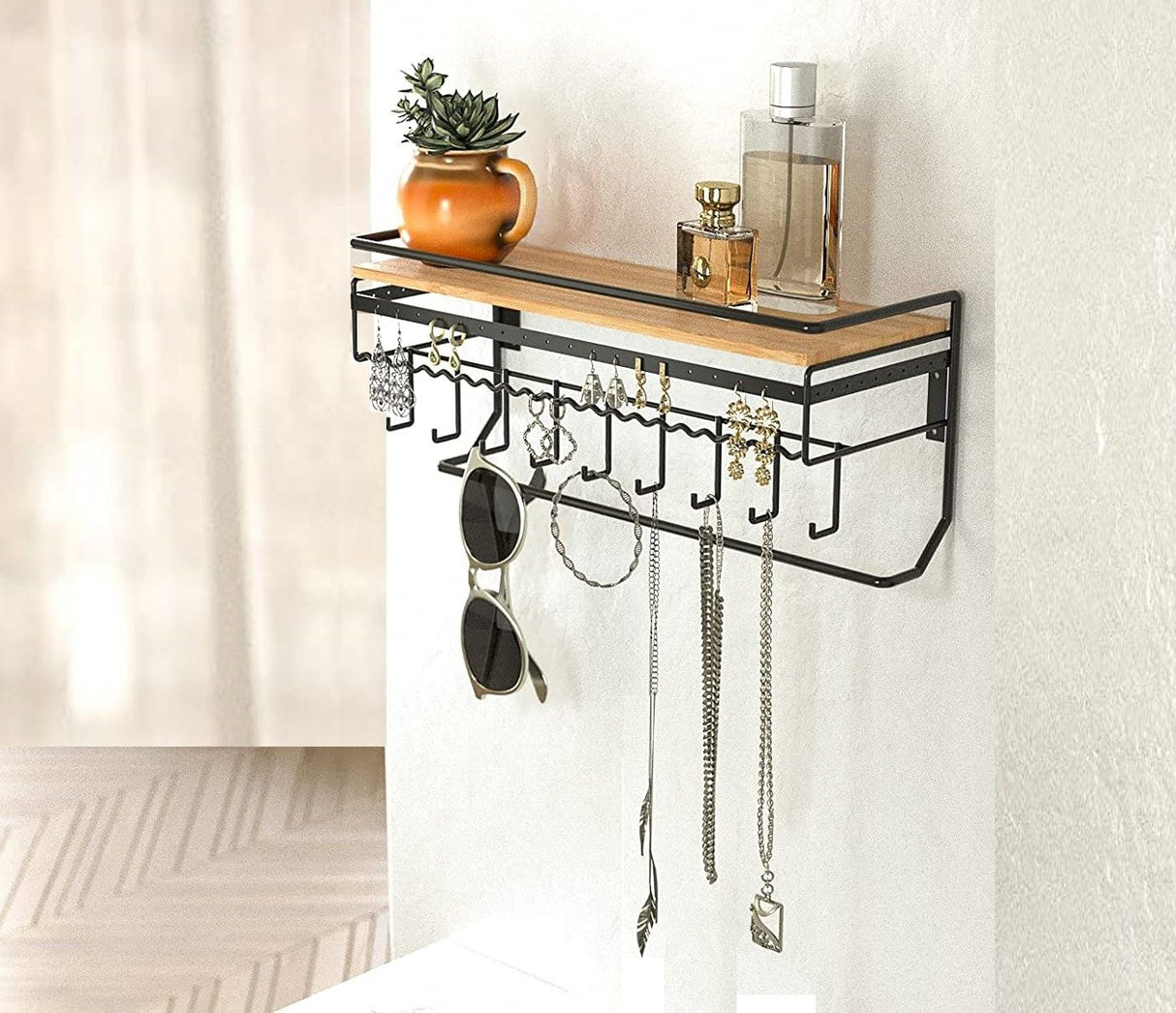 Elegant Wall-Mounted Jewelry Organizer with 9 Hooks in Black Metal