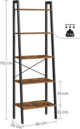5-Tier Industrial Bookcase, Rustic Brown - Side View