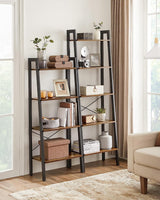 5-Tier Industrial Bookcase, Rustic Brown - 45-Degree Angle