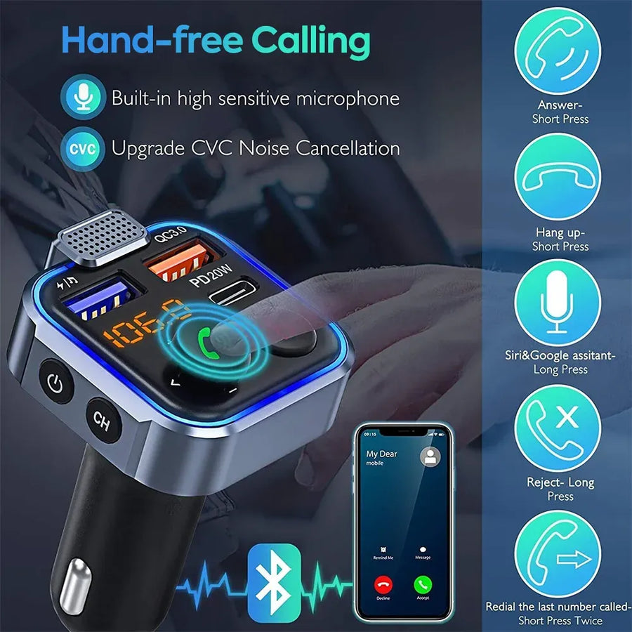 Bluetooth 5.0 FM Transmitter Car Adapter with PD 20W Fast Charger and Dual USB Ports in Black
